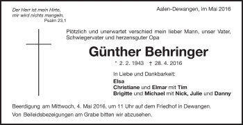 Traueranzeige von Günther Behringer von Schwäbische Post