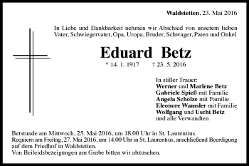 Traueranzeige von Eduard Betz von Gmünder Tagespost
