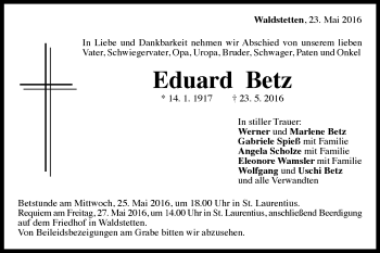 Traueranzeige von Eduard Betz