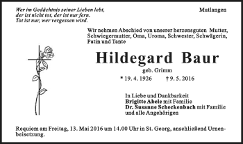 Traueranzeige von Hildegard Baur von Gmünder Tagespost