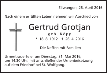 Traueranzeige von Gertrud Grotjan von Schwäbische Post