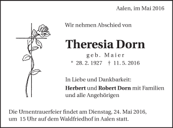 Traueranzeige von Theresia Dorn von Schwäbische Post