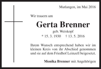 Traueranzeige von Gerta Brenner von Gmünder Tagespost