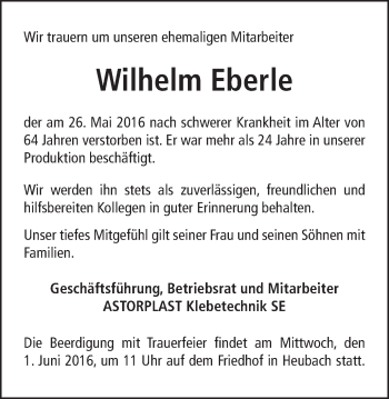 Traueranzeige von Wilhelm Eberle von Gmünder Tagespost
