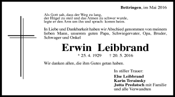 Traueranzeige von Erwin Leibbrand von Gmünder Tagespost