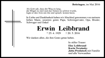 Traueranzeige von Erwin Leibbrand