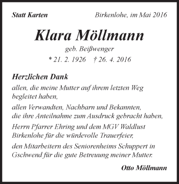 Traueranzeige von Klara Möllmann von Gmünder Tagespost