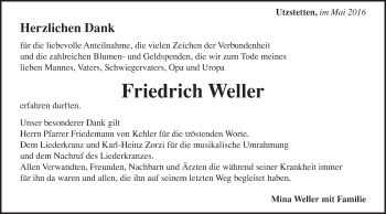 Traueranzeige von Friedrich Weller von Gmünder Tagespost