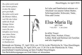 Traueranzeige von Elsa-Maria Ilg von Gmünder Tagespost