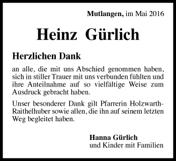 Traueranzeige von Heinz Gürlich  von Gmünder Tagespost