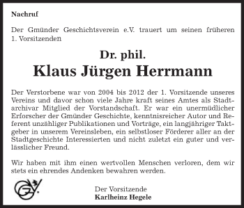 Traueranzeige von Klaus Jürgen Herrmann von Gmünder Tagespost