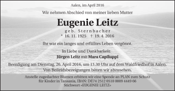 Traueranzeige von Eugenie Leitz von Schwäbische Post