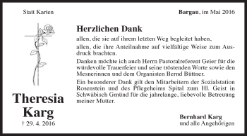 Traueranzeige von Theresia Karg von Gmünder Tagespost