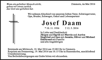 Traueranzeige von Josef Daam von Gmünder Tagespost