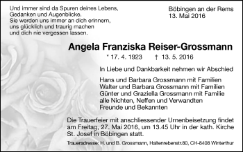 Traueranzeige von Angela Franziska Reiser-Grossmann von Gmünder Tagespost