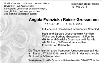 Traueranzeige von Angela Franziska Reiser-Grossmann