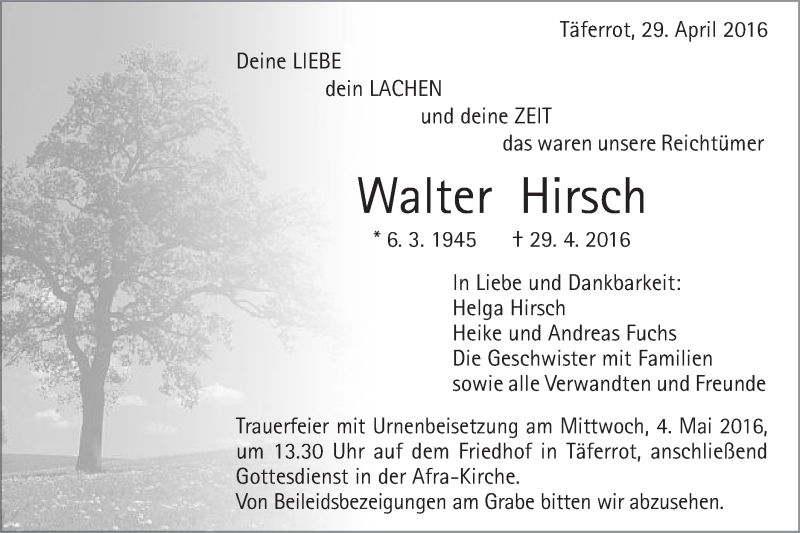  Traueranzeige für Walter Hirsch vom 02.05.2016 aus Gmünder Tagespost