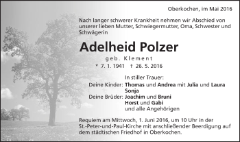 Traueranzeige von Adelheid Polzer von Schwäbische Post