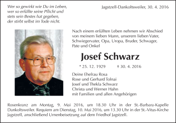 Traueranzeige von Josef Schwarz von Schwäbische Post