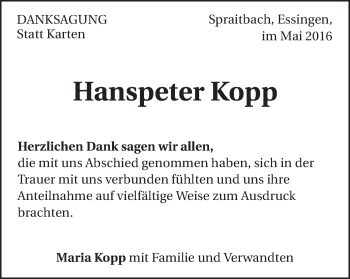 Traueranzeige von Hanspeter Kopp von Gmünder Tagespost