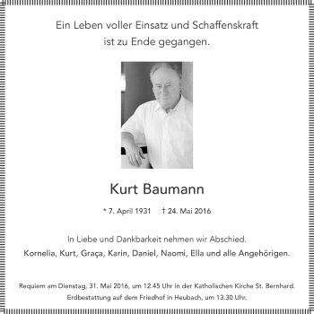 Traueranzeige von Kurt Baumann von Gmünder Tagespost