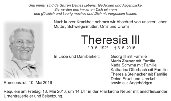 Traueranzeige von Theresia Ill von Schwäbische Post