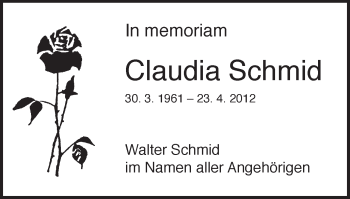 Traueranzeige von Claudia Schmid von Bopfinger Stadtanzeiger