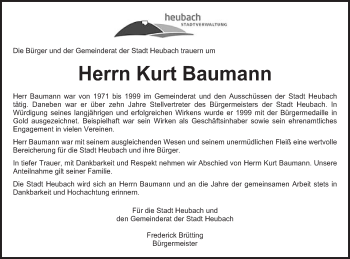 Traueranzeige von Kurt Baumann von Gmünder Tagespost