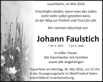 Traueranzeige von Johann Faulstich von Schwäbische Post