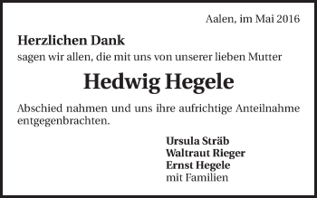 Traueranzeige von Hedwig Hegele von Schwäbische Post