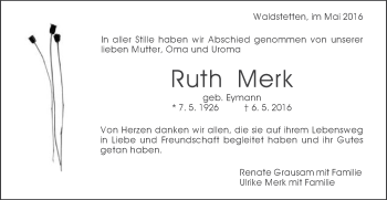 Traueranzeige von Ruth Merk von Gmünder Tagespost