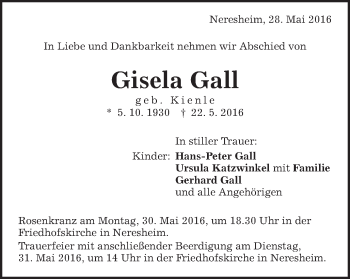 Traueranzeige von Gisela Gall von Schwäbische Post
