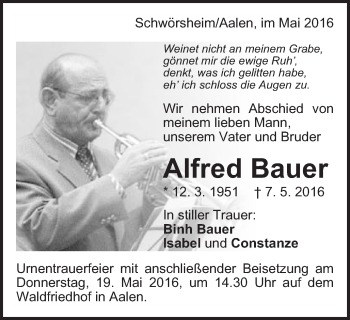 Traueranzeige von Alfred Bauer von Schwäbische Post