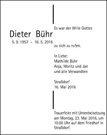 Traueranzeige von Dieter Bühr