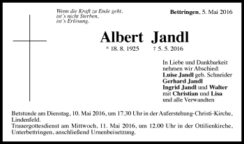 Traueranzeige von Albert Jandl von Gmünder Tagespost