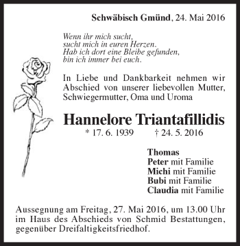 Traueranzeige von Hannelore Triantafillidis