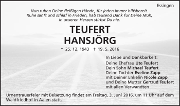 Traueranzeige von Hansjörg Teufert von Schwäbische Post