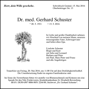 Traueranzeige von Gerhard Schuster