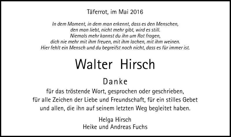  Traueranzeige für Walter Hirsch vom 11.05.2016 aus Gmünder Tagespost
