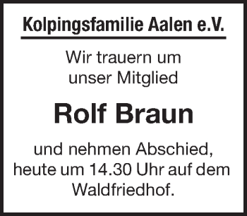 Traueranzeige von Rolf Braun von Schwäbische Post