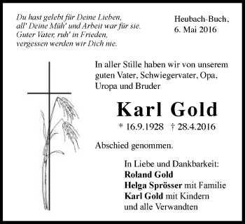 Traueranzeige von Karl Gold von Gmünder Tagespost