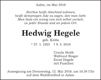 Traueranzeige von Hedwig Hegele von Schwäbische Post