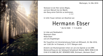 Traueranzeige von Hermann Ebser von Gmünder Tagespost
