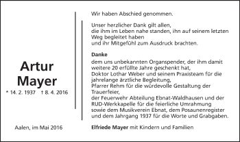 Traueranzeige von Artur Mayer von Schwäbische Post