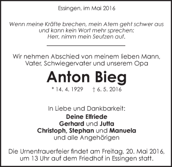 Traueranzeige von Anton Bieg von Schwäbische Post