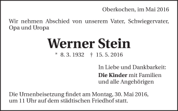 Traueranzeige von Werner Stein von Amtsblatt_Oko