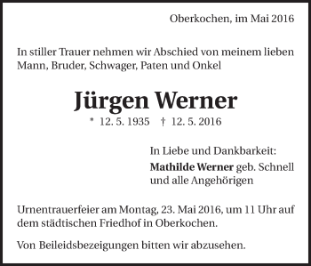 Traueranzeige von Jürgen Werner von Schwäbische Post