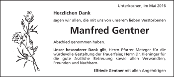 Traueranzeige von Manfred Gentner von Schwäbische Post