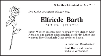 Traueranzeige von Elfriede Barth von Gmünder Tagespost
