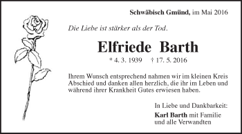 Traueranzeige von Elfriede Barth